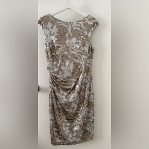 David Meister cocktail midi dress in rose gold and silver